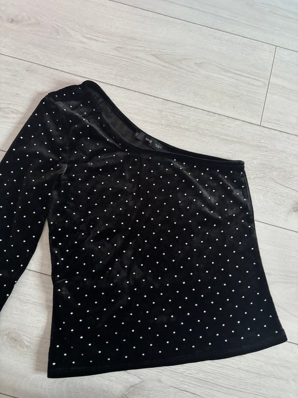 Mango One Long Sleeve Black Velvet Rhinestones Blouse Size M