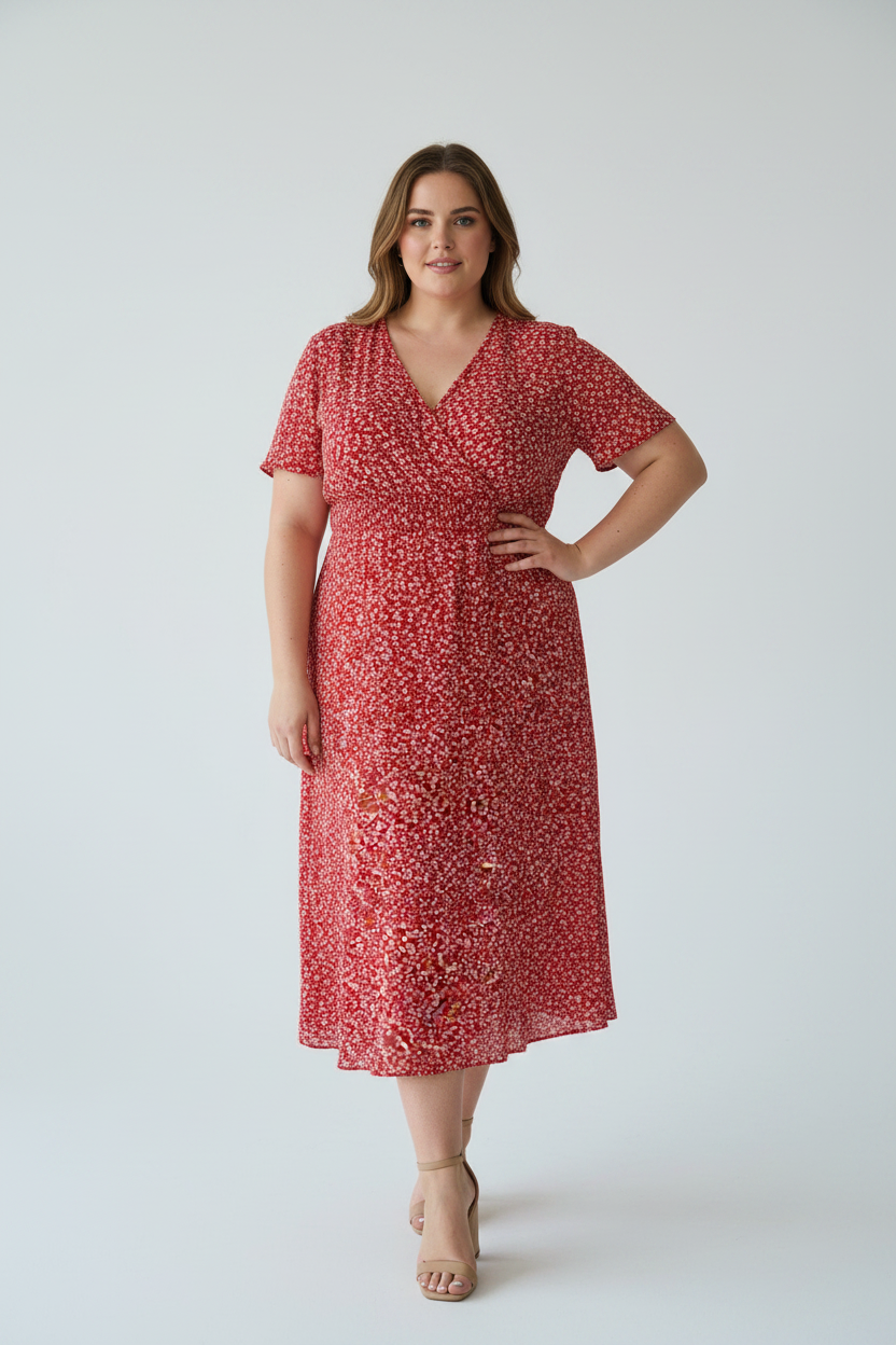 Shein Curve Short Sleeve V-Neck Red Floral Midi Dress Size 3XL UK 22