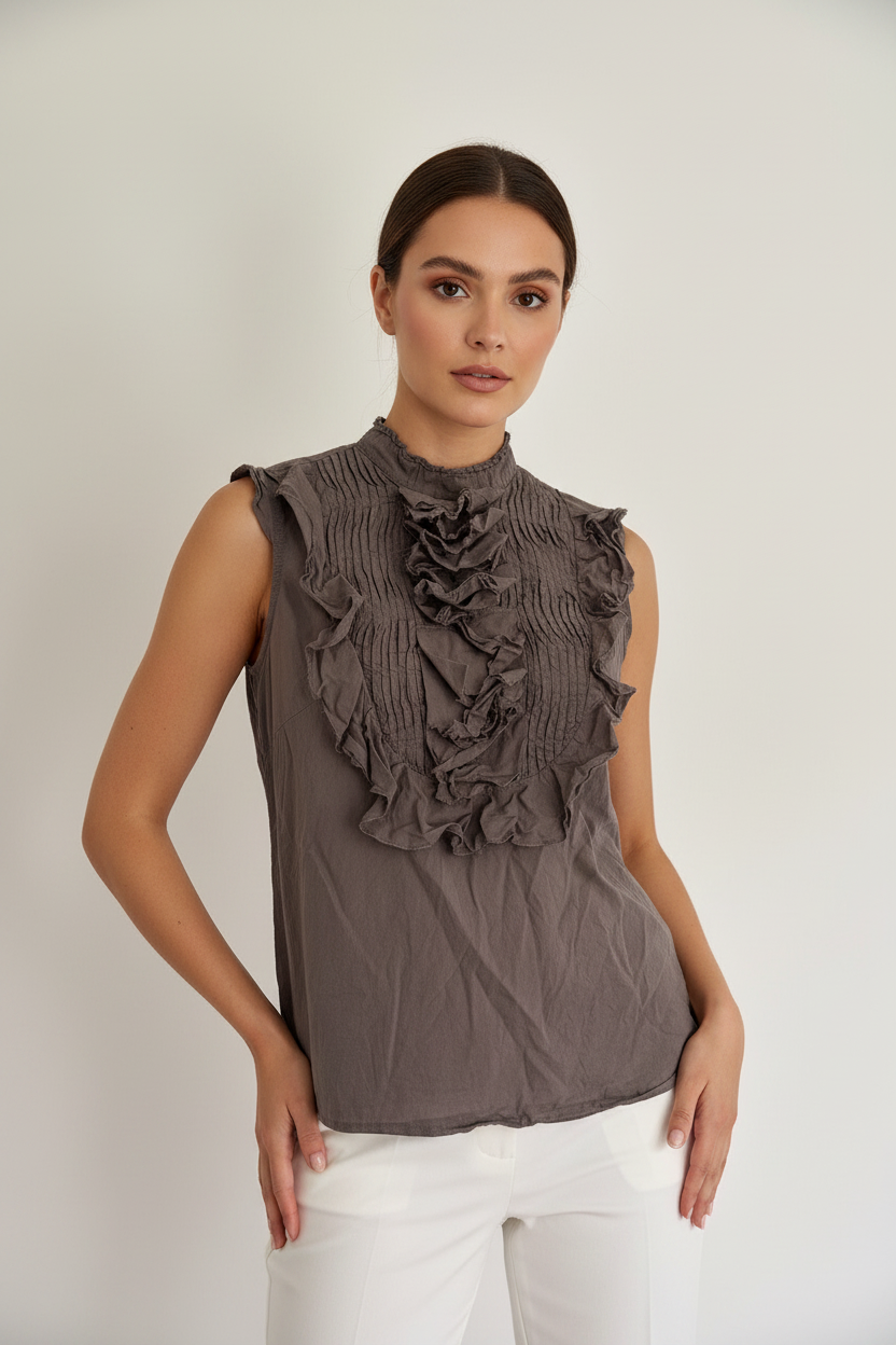 Next Sleeveless Grey Full Buttons On The Back Cotton Blouse Size 10