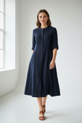 Women's Westside Short 3/4 Sleeve Cotton Linen Buttons Detail Midi Dress Size M