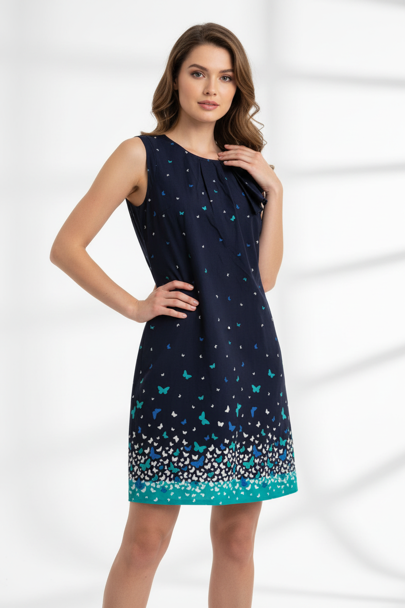 Women's Oasis Sleeveless Navy Butterflies Print Cotton Dress Lined Size 12