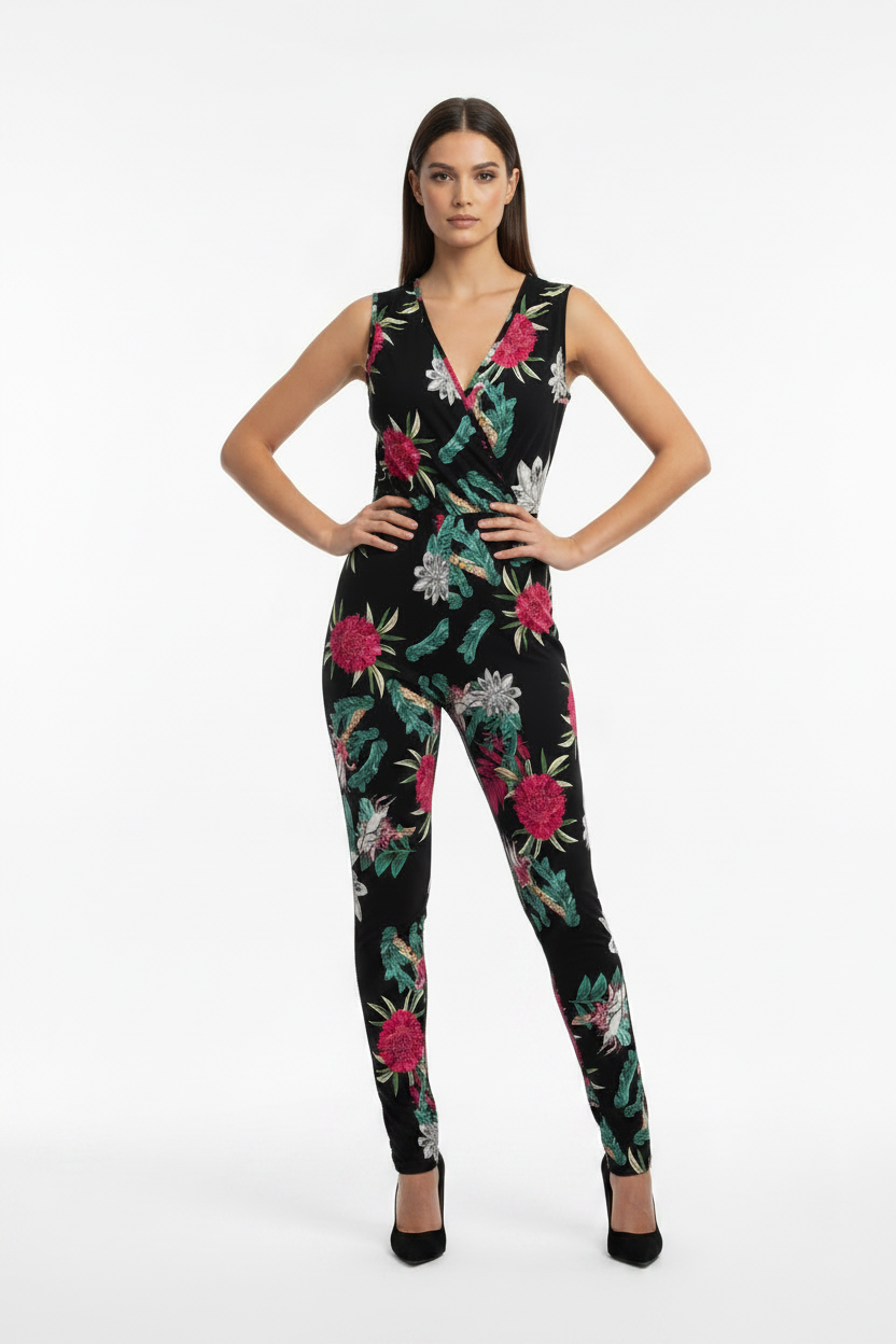 B. You Sleeveless Wrap V-Neck Jumpsuit Black Floral Size 10