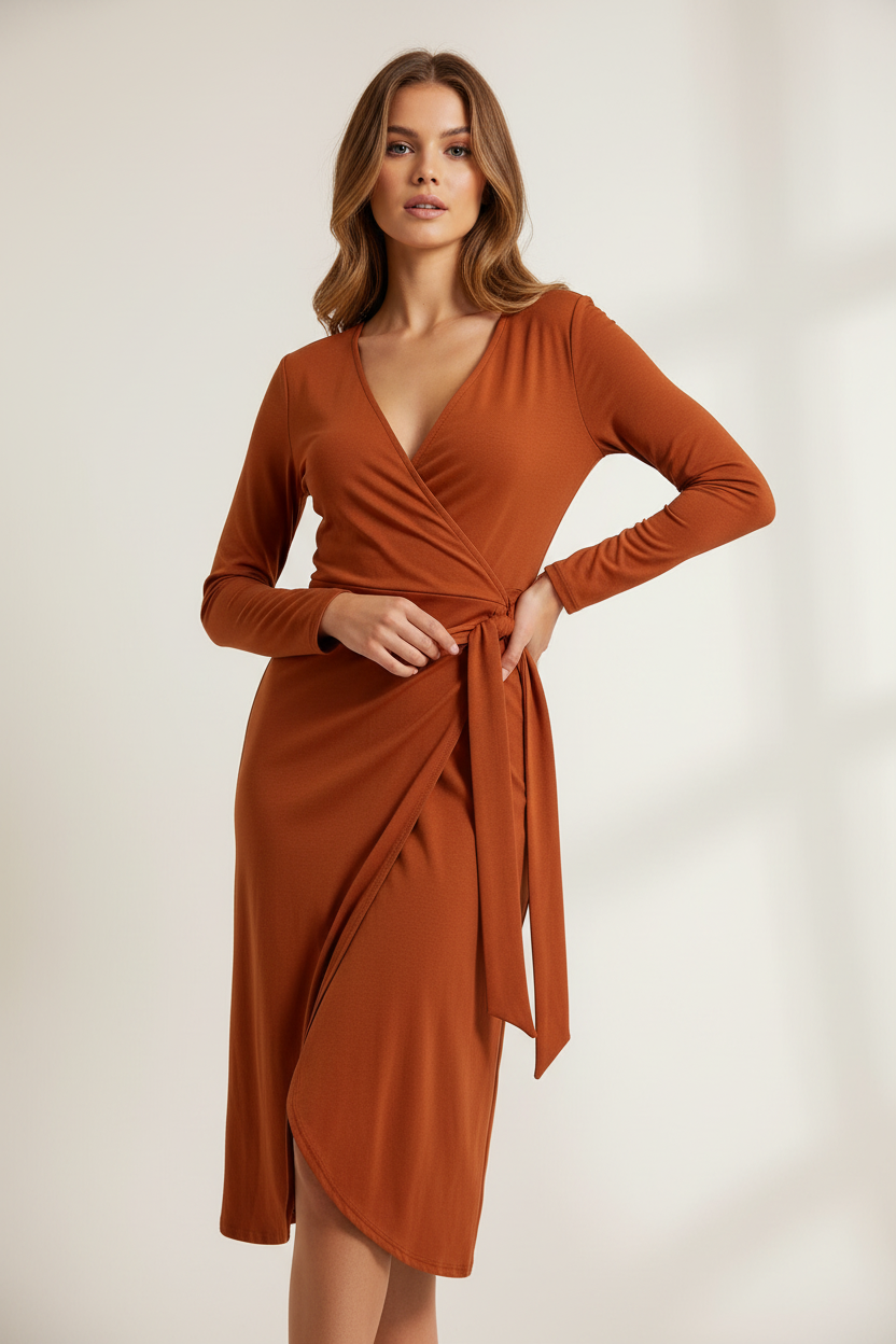 Women's PrettyLittleThing Long Sleeve V-Neck Dress Wrap Midi Dress Size 14
