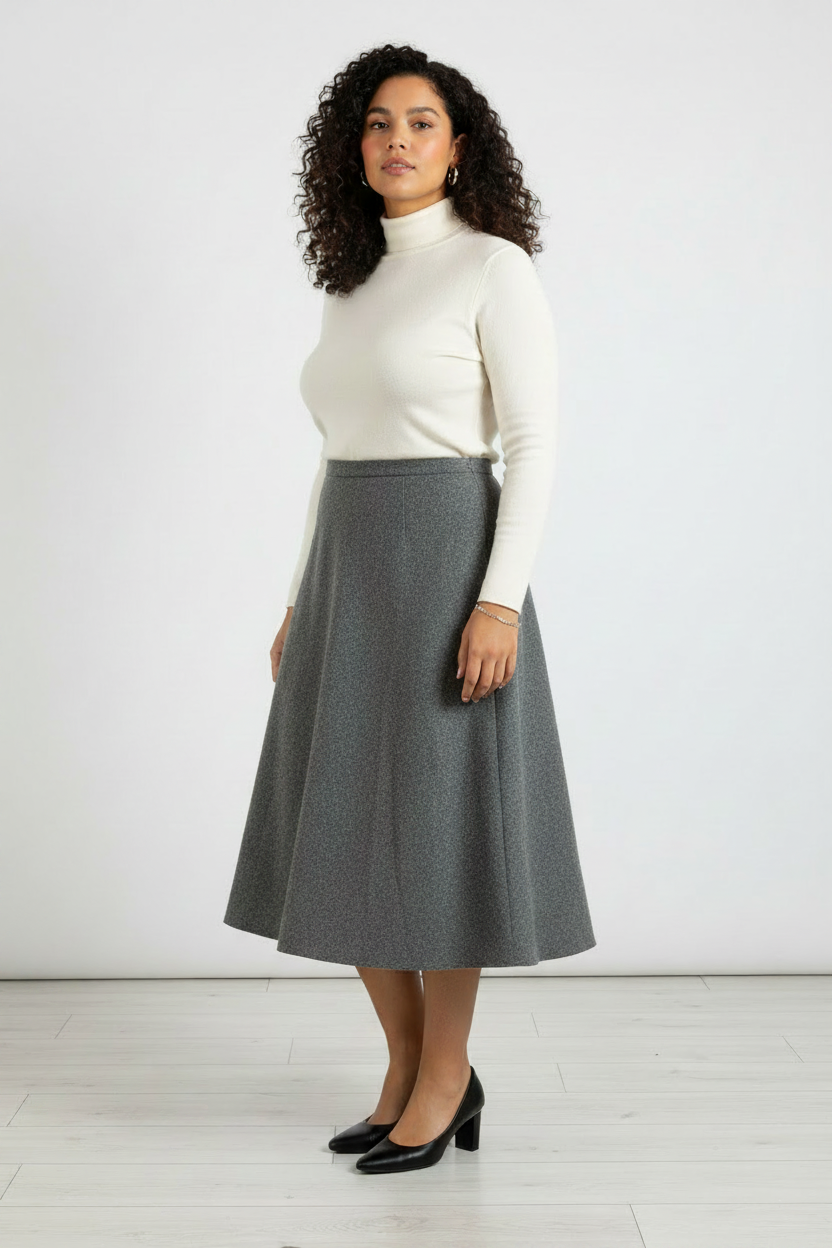Woman wearing a white turtleneck and gray skirt against a white background
