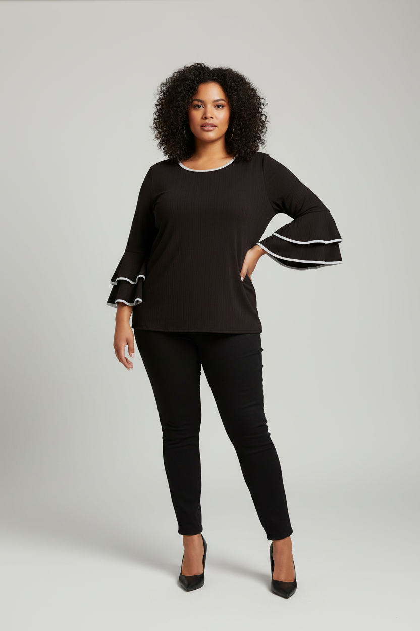 Unbranded Long Flared Sleeve Round Neck Black Blouse Size 2XL