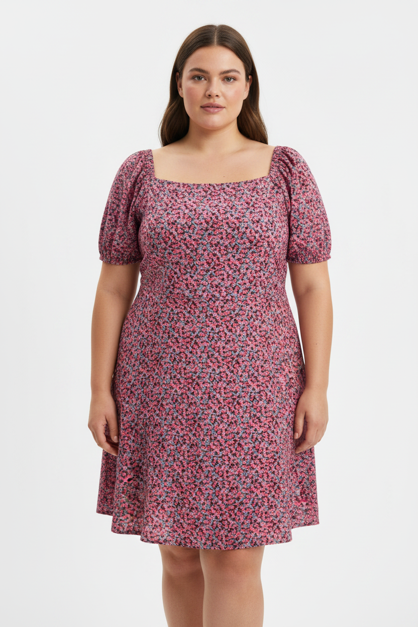 Pink Clove Short Sleeve Pink Floral Knee Length Midi Dress Size UK 22