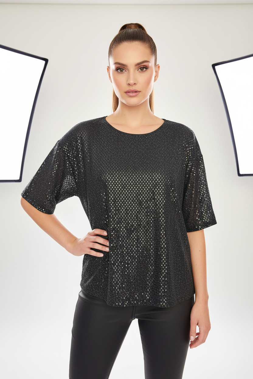 George Short Sleeve Black Shiny Sparkly Long Relaxed Top Blouse Size 14