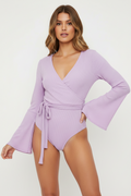 Women's Boohoo Flare Sleeve Ribbed Wrap Bodysuit Lilac Brand New Size 14