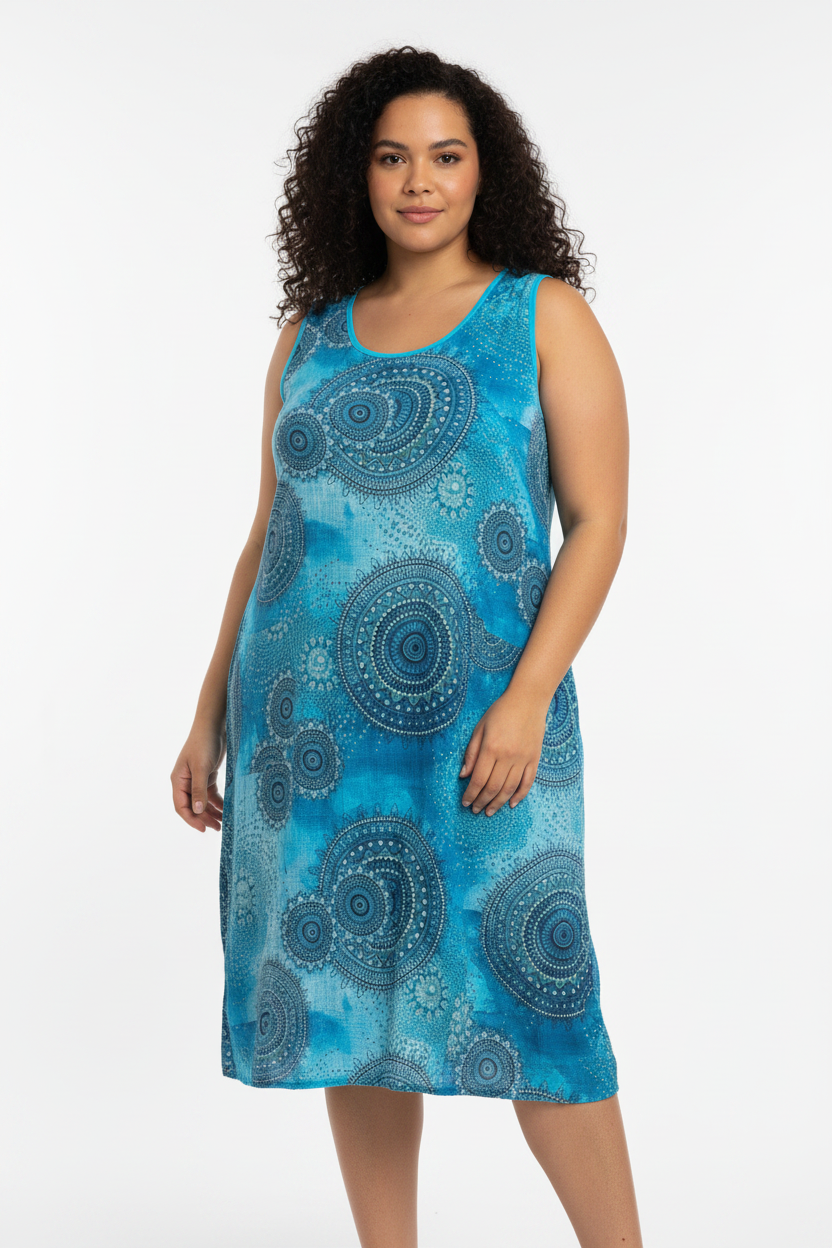 Women's Fashion Sleeveless Blue Patterned Summer Beach Style Dress One Size16/18