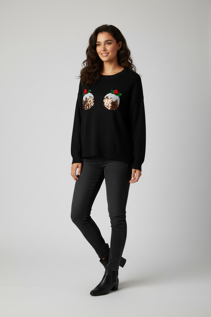 Women's New Look Long Sleeve Christmas Pudding Knitted Jumper New Size L