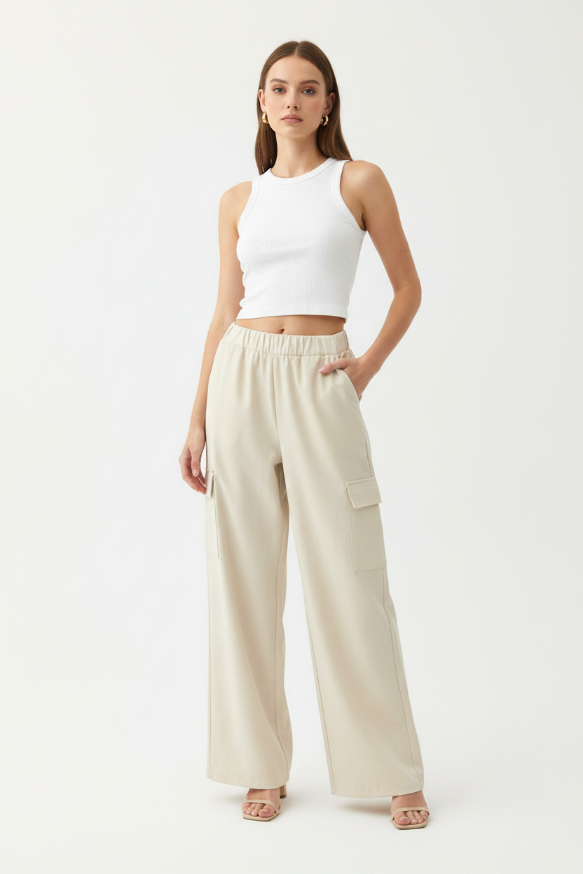 Women's New Collection High Waisted Wide Leg Cargo Style Trousers One Size For 8