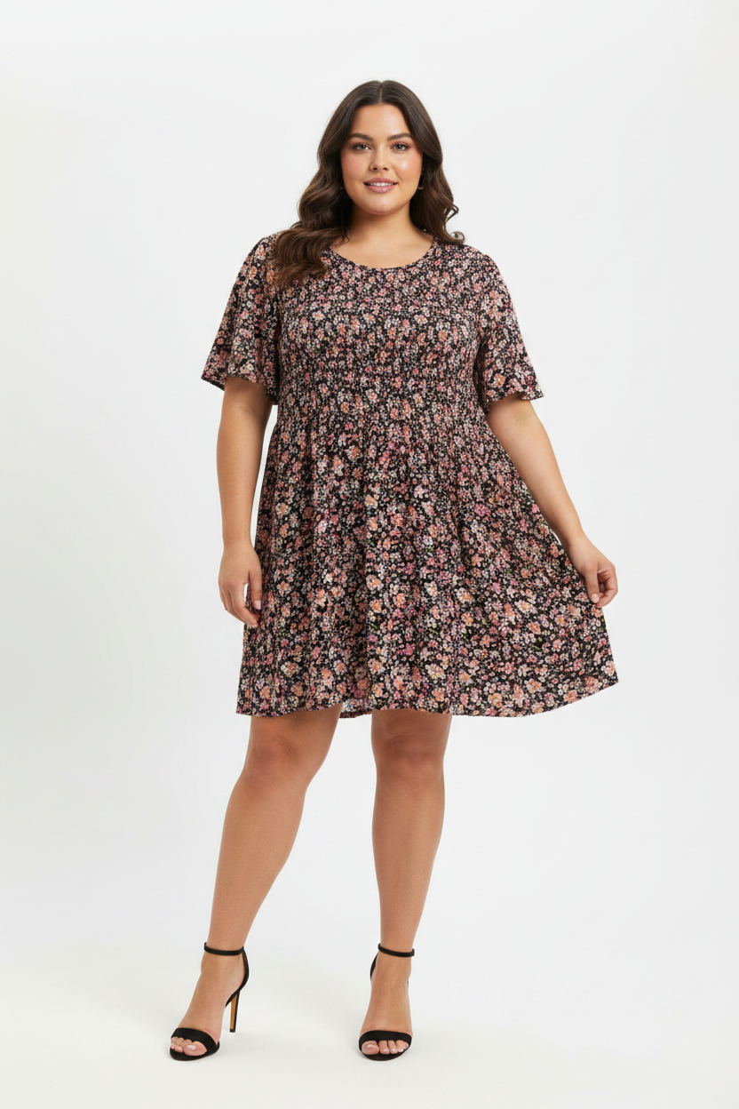 Women's Yours Short Sleeve Black Floral Viscose Mini Dress Tunic Size 26-28