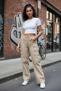 Straight Leg Cargo Style Cotton Trousers Beige New Size XXS