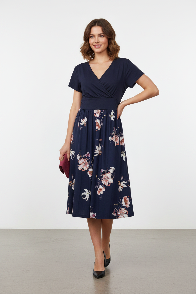 Women's Styleword Short Sleeve V-Neck Navy Floral Midi Dress With Pockets Size L