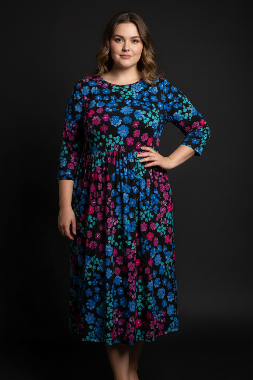 Women's Roman 3/4 Sleeve Black Floral Casual Midi Dress Size UK 16