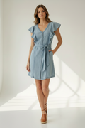 George Frill Detail Full Front Button Cotton Denim Dress Belted Size 12