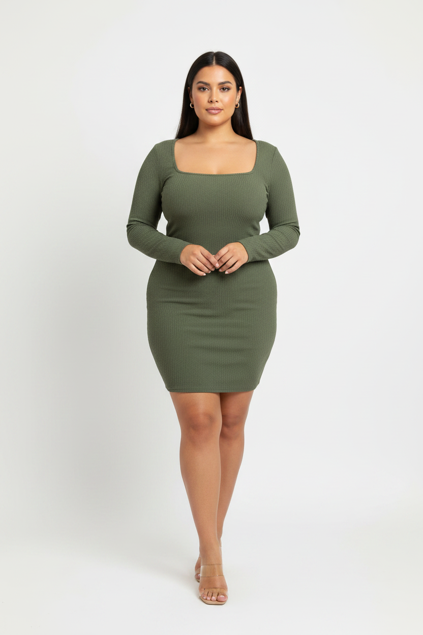 PrettyLittleThing Long Sleeve Squere Neck Short Dress Green Size 18