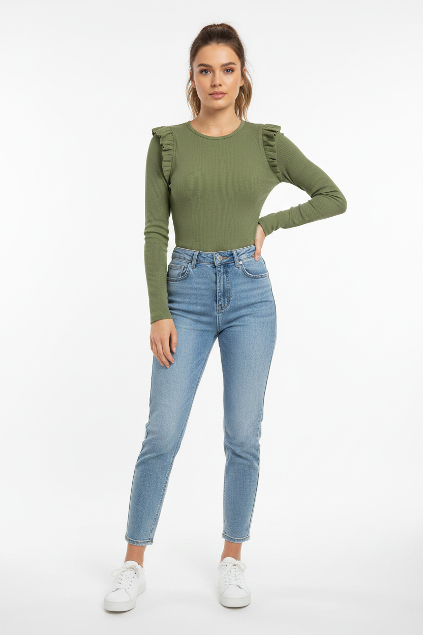 New Look Long Sleeve Frill Detail Ribbed Cotton Bodysuit Size 8