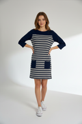 Women's Intuition Collection 3/4 Sleeve Navy Grey Striped Tunic Dress Size 12