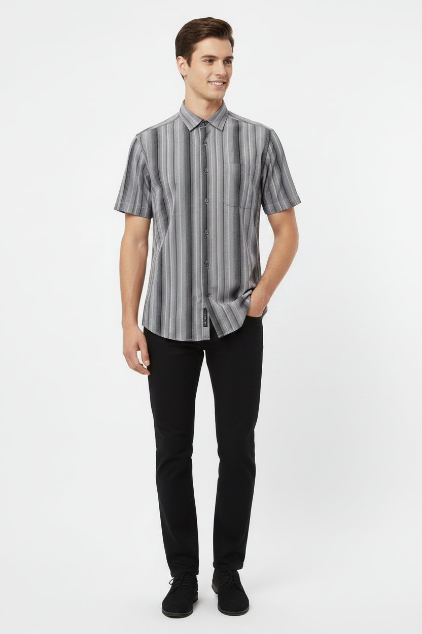 Marks & Spencer Blue Harbour Short Sleeve Grey Striped Shirt Size S