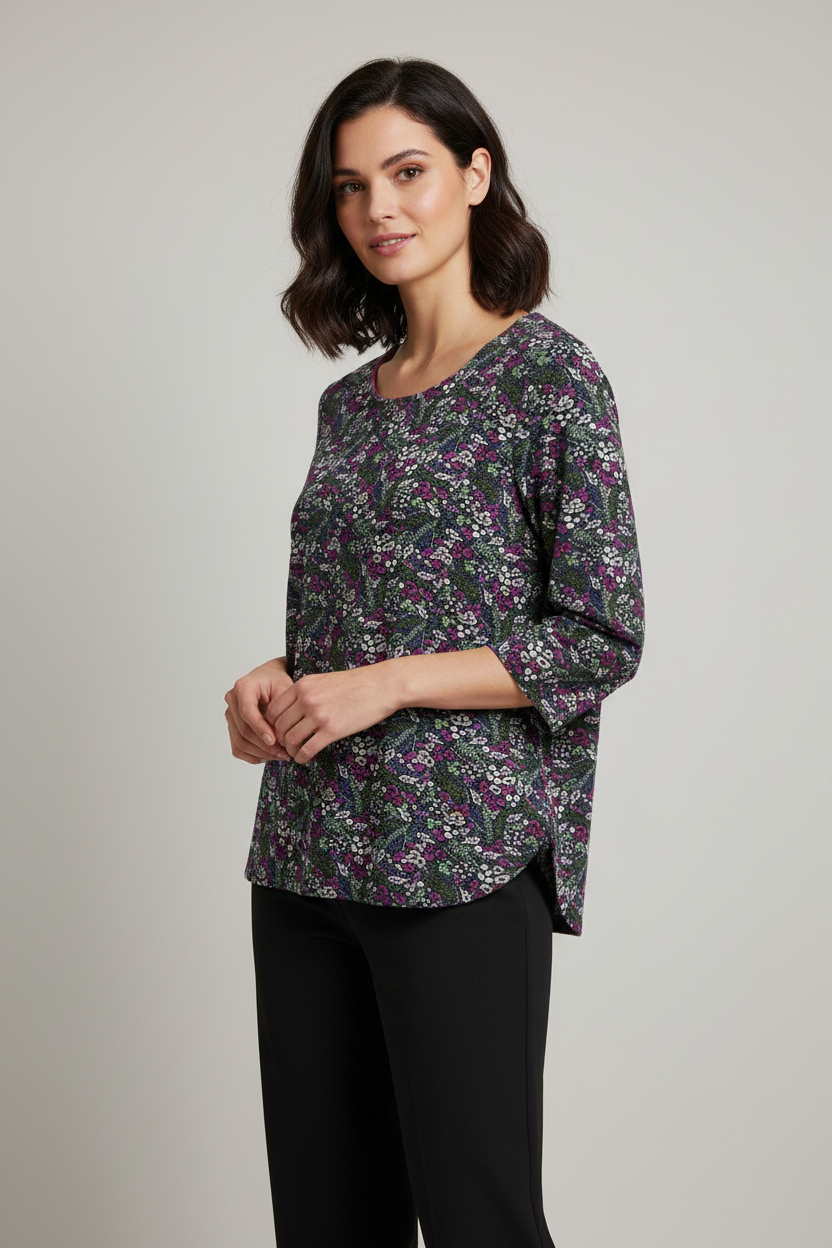 Weird Fish 3/4 Sleeve Organic Cotton Navy Floral Top Blouse Size 14