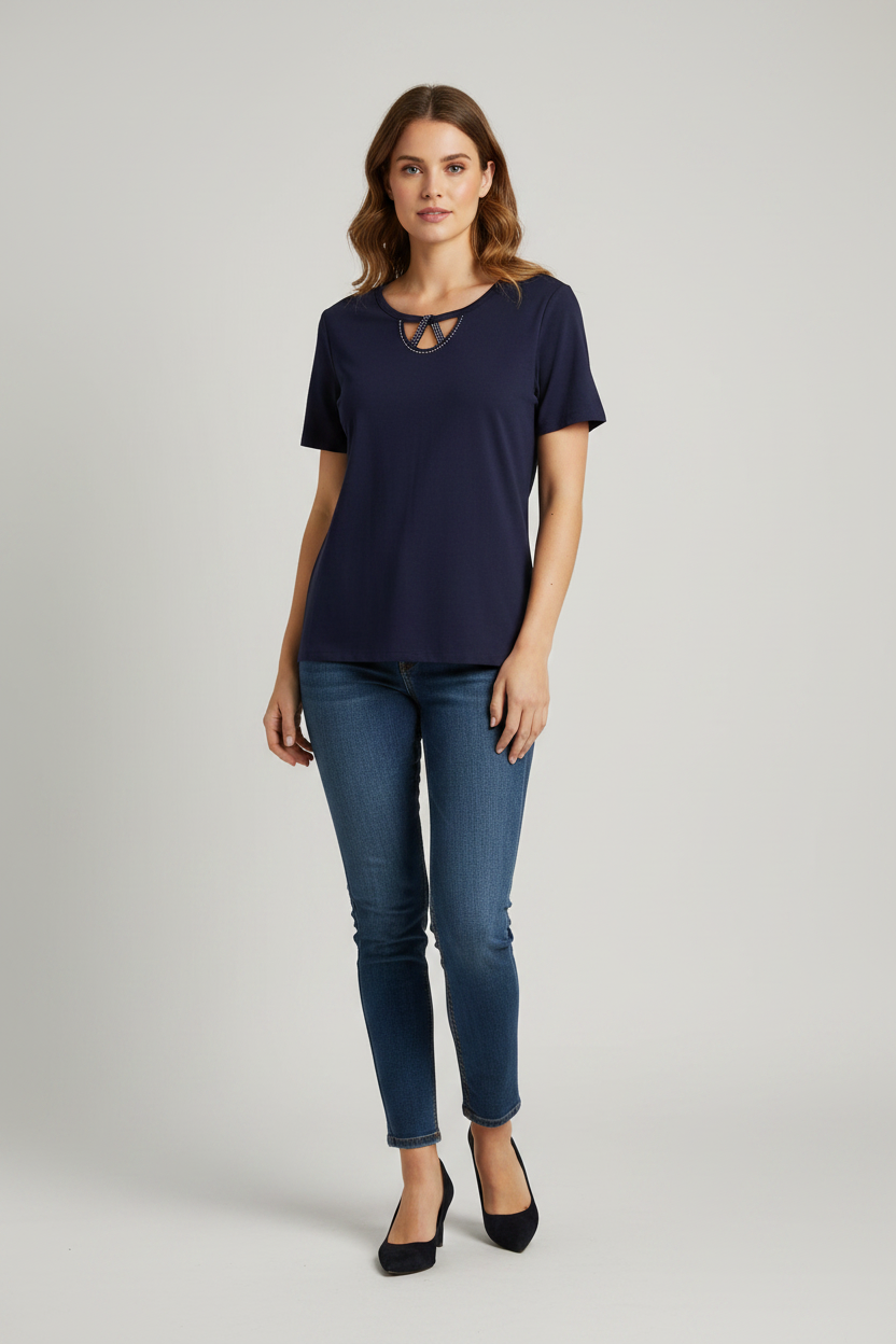 Amara Reya Short Sleeve Navy Rhinestones Detailed Top Blouse Size 12