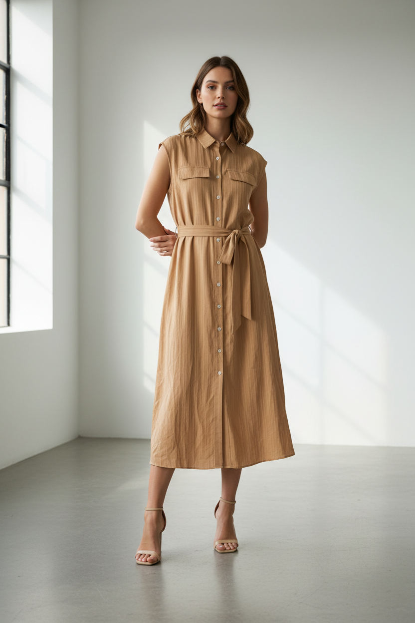 Shein Sleeveless Collared Full Front Buttons Dress With Belt Size XL
