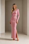 Shein Long Sleeve Round Neck Side Split Viscose Maxi Dress Size M UK 10