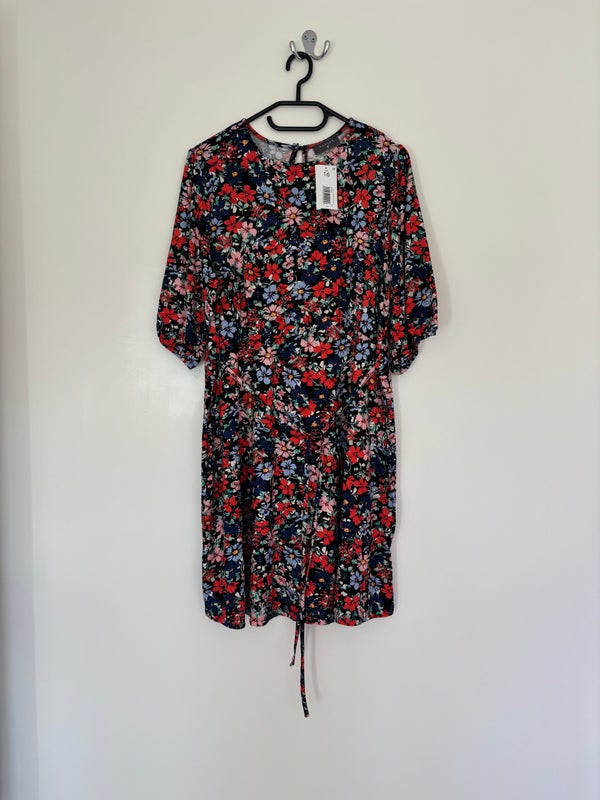 Matalan Papaya Short Sleeve Black Floral Belted Dress Size 16
