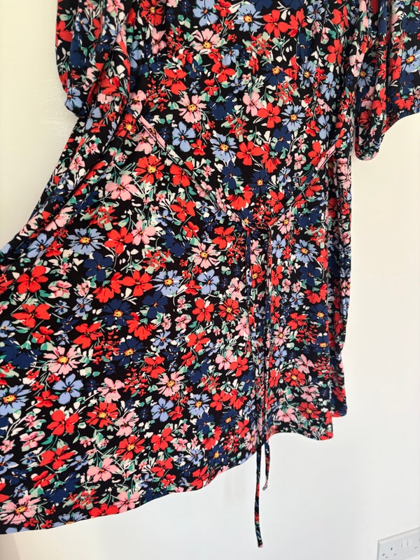 Matalan Papaya Short Sleeve Black Floral Belted Dress Size 16