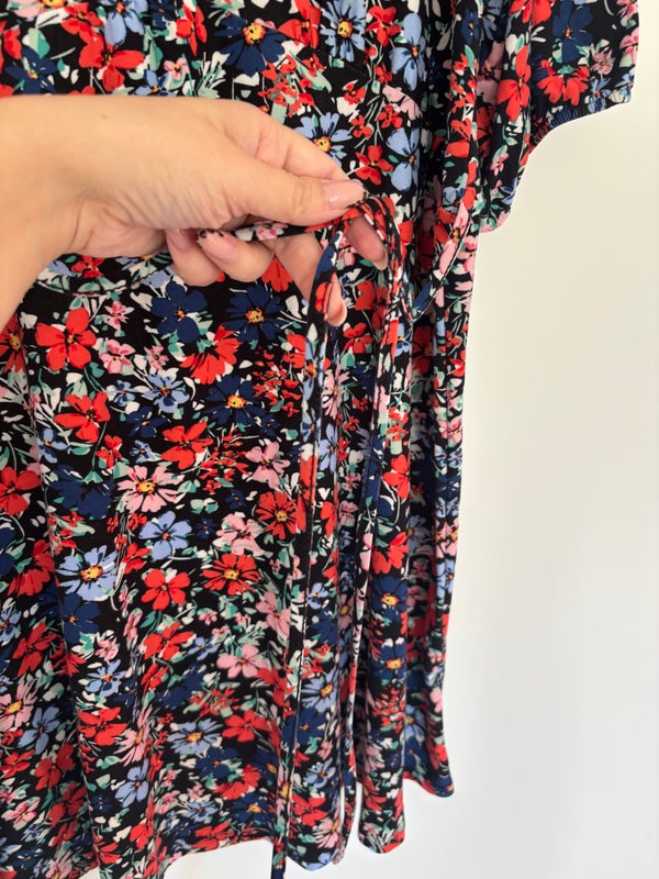 Matalan Papaya Short Sleeve Black Floral Belted Dress Size 16