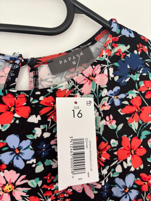 Matalan Papaya Short Sleeve Black Floral Belted Dress Size 16