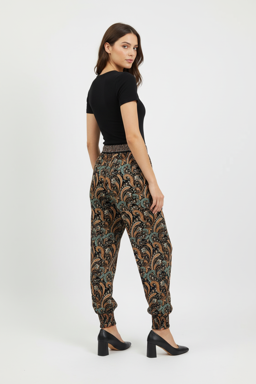 Mizumi Patterned Harem Trousers Jewelled Elastic Waist Size M/L — M/L