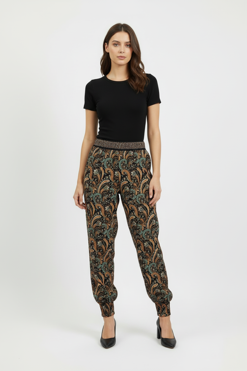 Mizumi Patterned Harem Trousers Jewelled Elastic Waist Size M/L — M/L