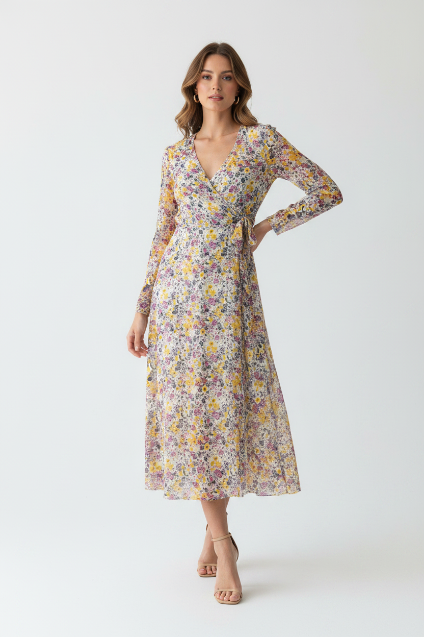 Nutmeg Long Sleeve Multi Floral Midi Dress Lined
