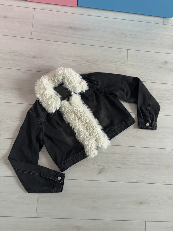 Shein Denim Cropped Faux Fur Collared Jacket Size M