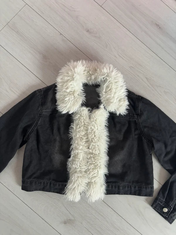 Shein Denim Cropped Faux Fur Collared Jacket Size M