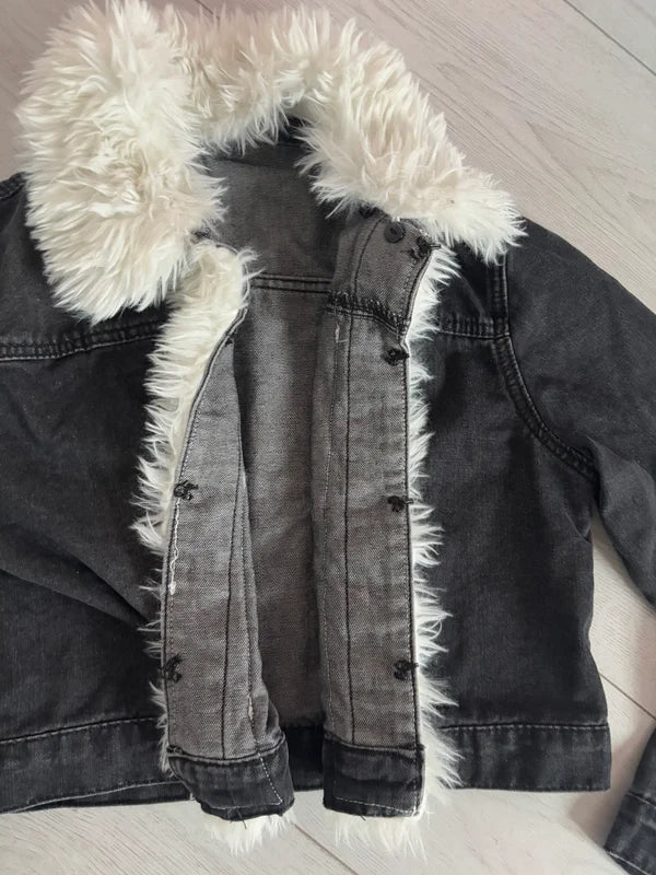 Shein Denim Cropped Faux Fur Collared Jacket Size M
