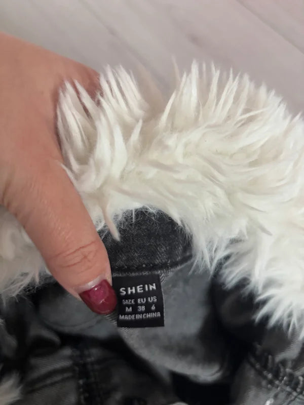 Shein Denim Cropped Faux Fur Collared Jacket Size M