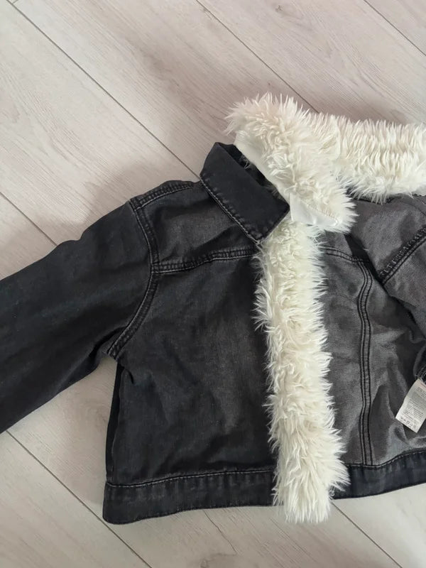 Shein Denim Cropped Faux Fur Collared Jacket Size M