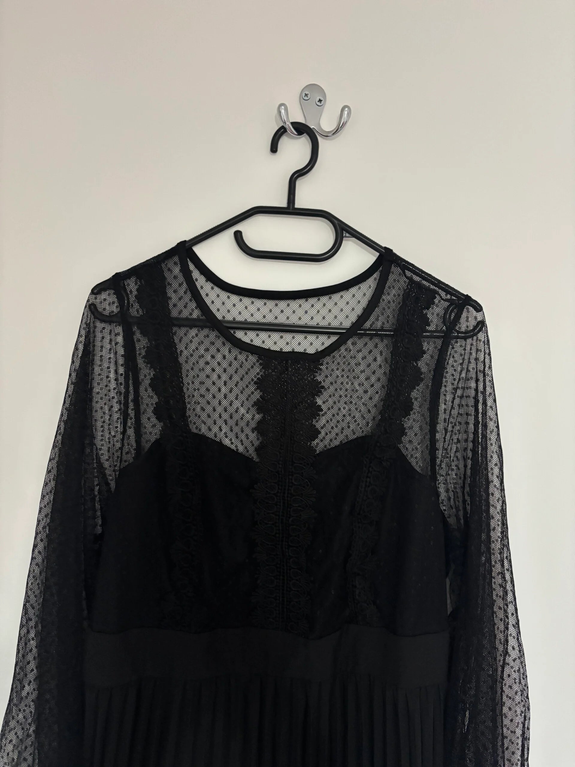Shein Curve Long See Through Sleeve Pleated Midi Dress Size UK 18